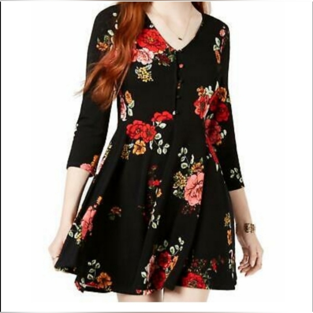 Planet Gold -Fit & Flare floral skater mini dress - 3/4 sleeves - Size L - NWOT